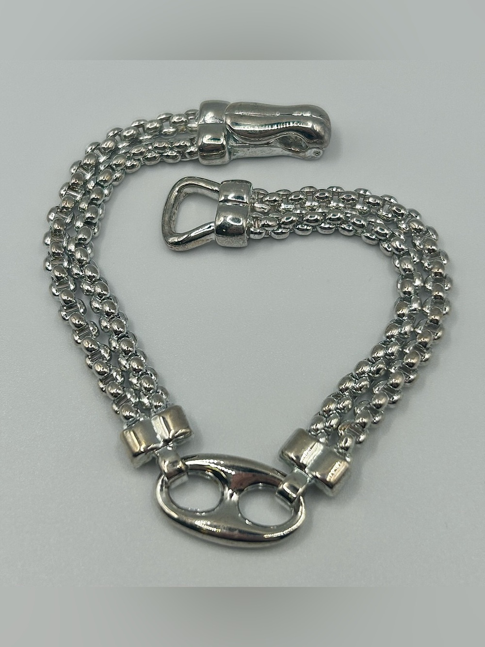 Silver Tone Double-Strand Chain Bracelet, Magnetic Fold-over Clasp
